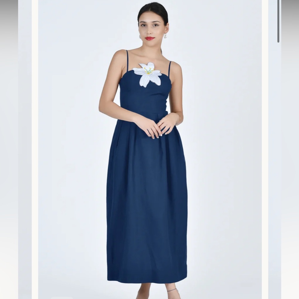 Fanm Mon Navy Blue Maxi Dress with White Floral Applique